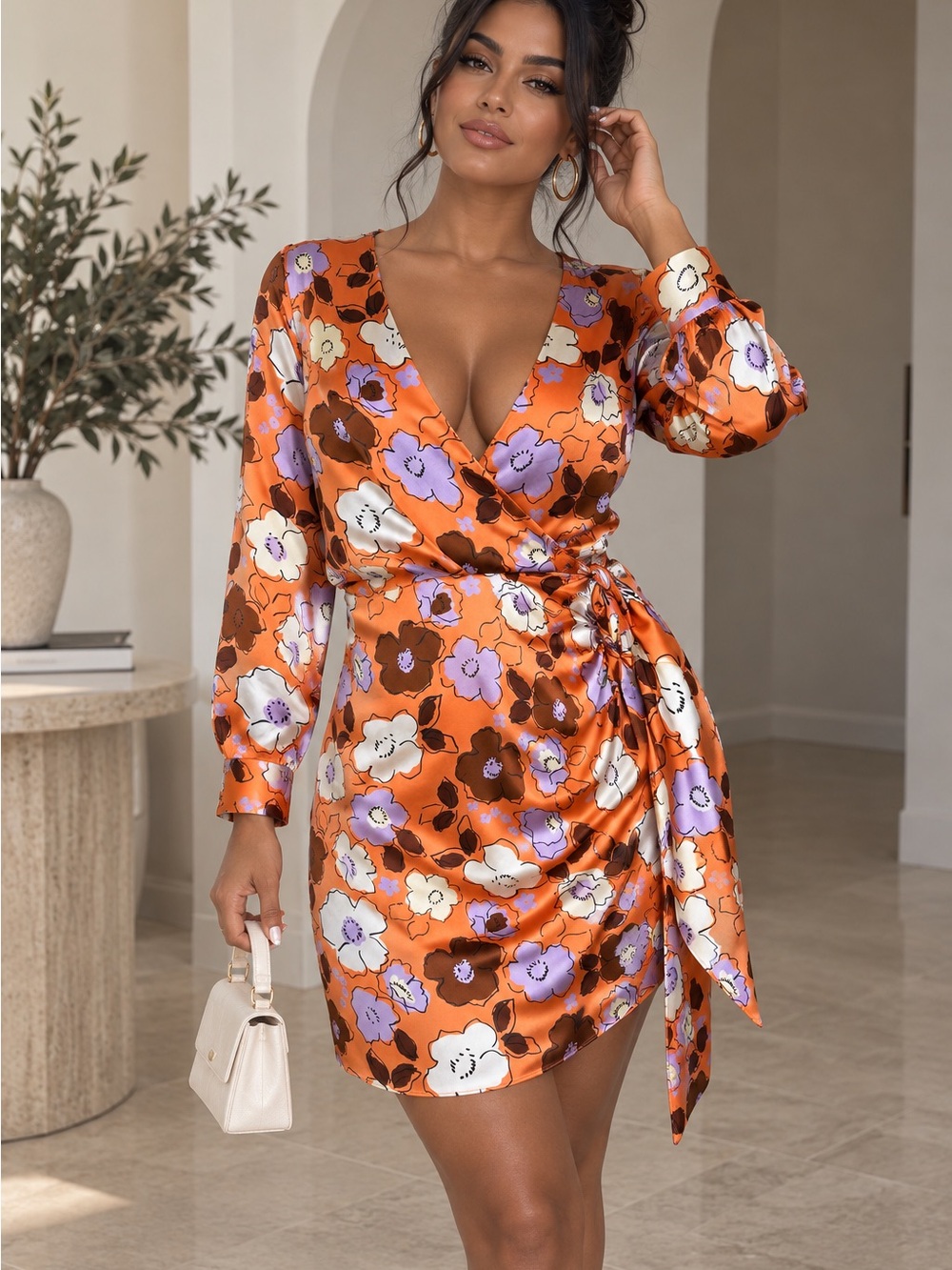 Zara Orange Floral Satin Wrap Mini Dress Long Sleeve Tie Waist Size M